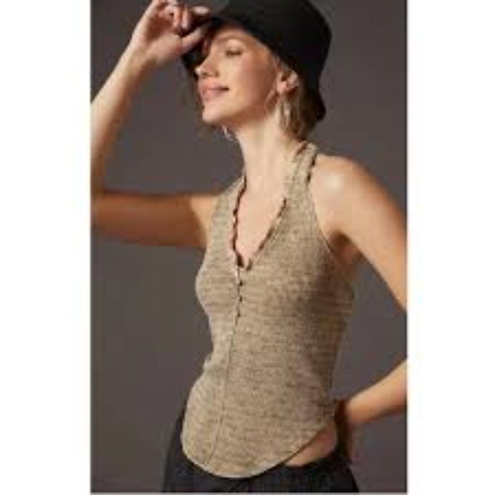 Anthropologie Pilcro Henley Green Halter Top Raw Edges Womens Large